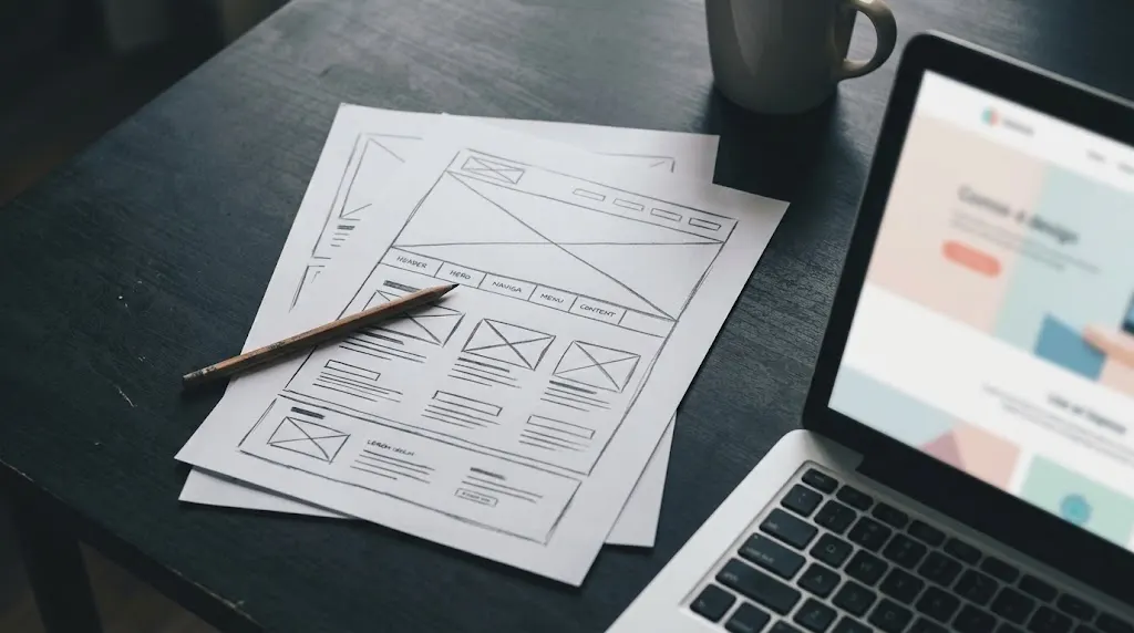 Website sketches and a laptop on a desk.