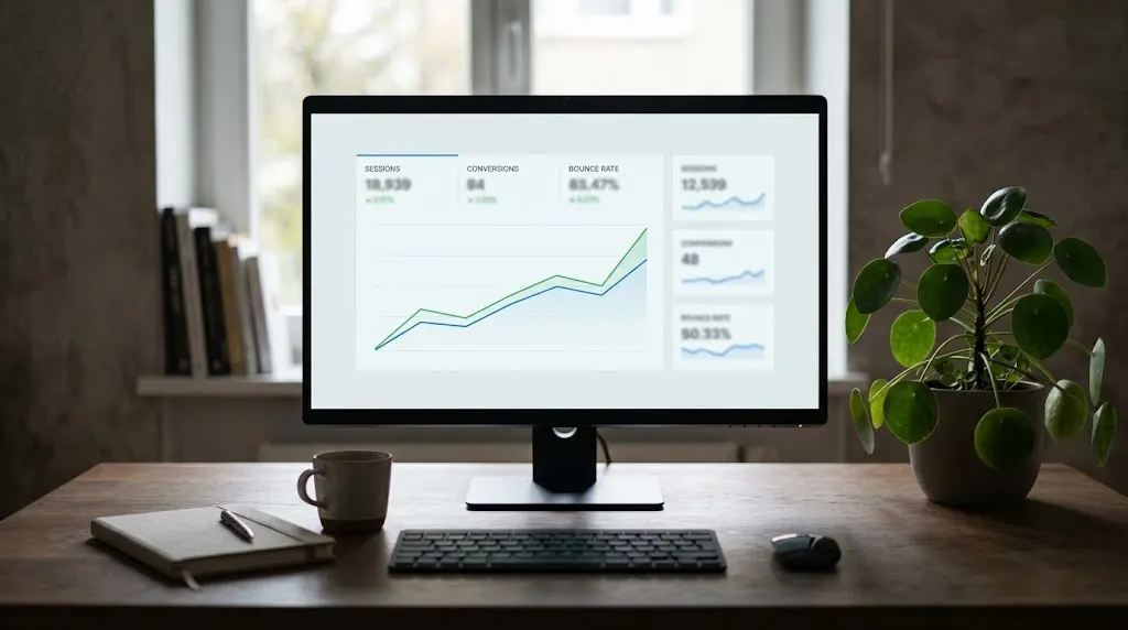 A desktop monitor showing website traffic charts.