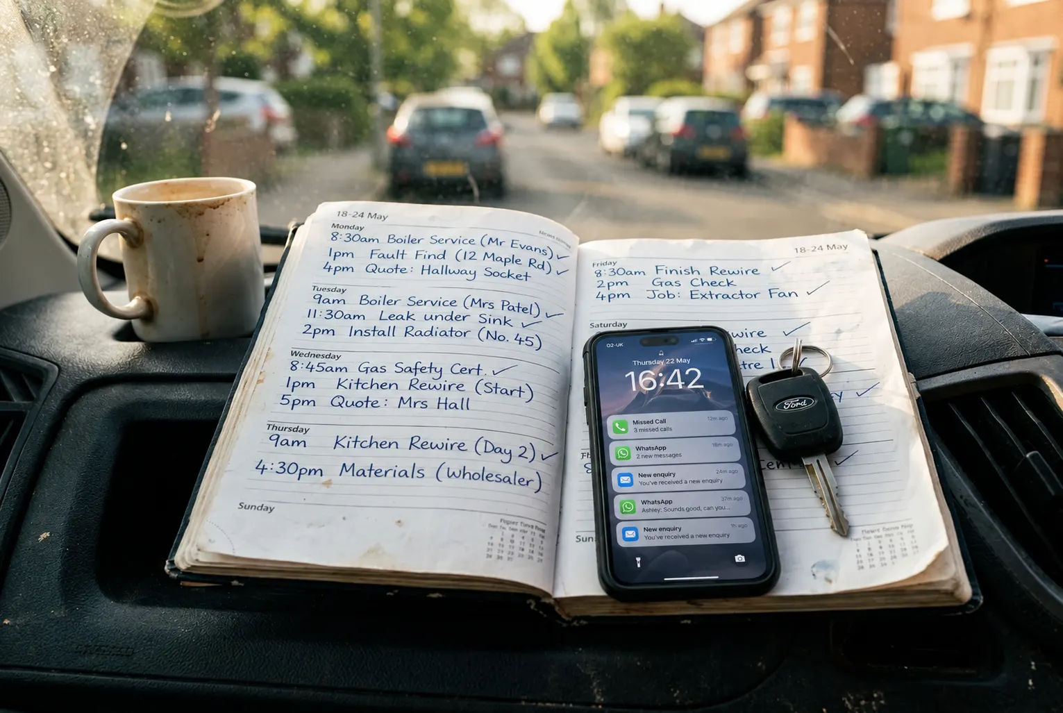 A notebook, phone and keys on a van dashboard.