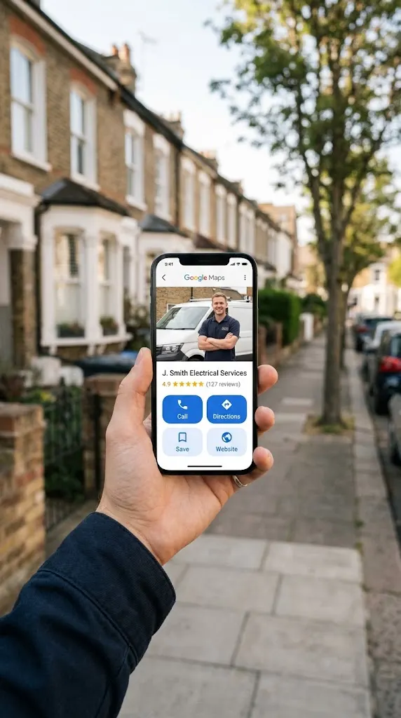 A phone showing a Google Maps listing for an electrician, held on a residential street.