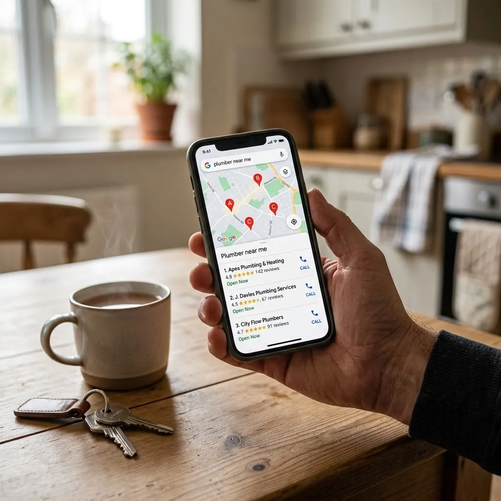 A phone showing plumber search results on a kitchen table, next to a mug and keys.