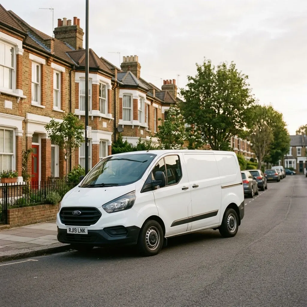 A white trade van parked on a residential street.