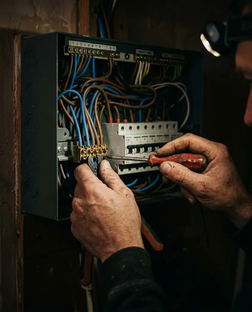 An electrician working inside a consumer unit.