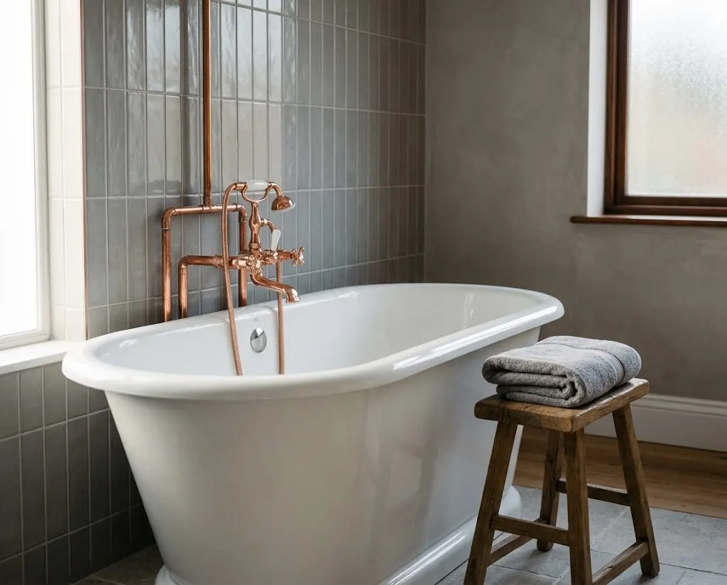 A freestanding bath with copper pipework against grey tiles.