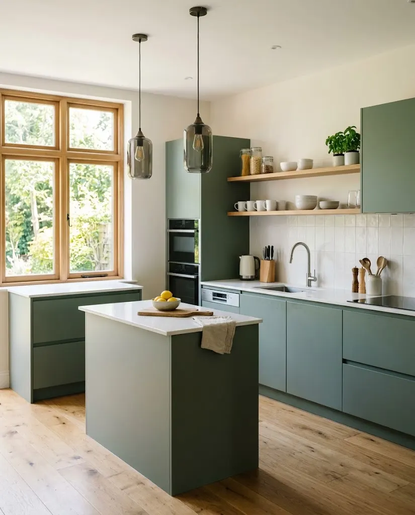 A finished sage green kitchen with a timber floor.