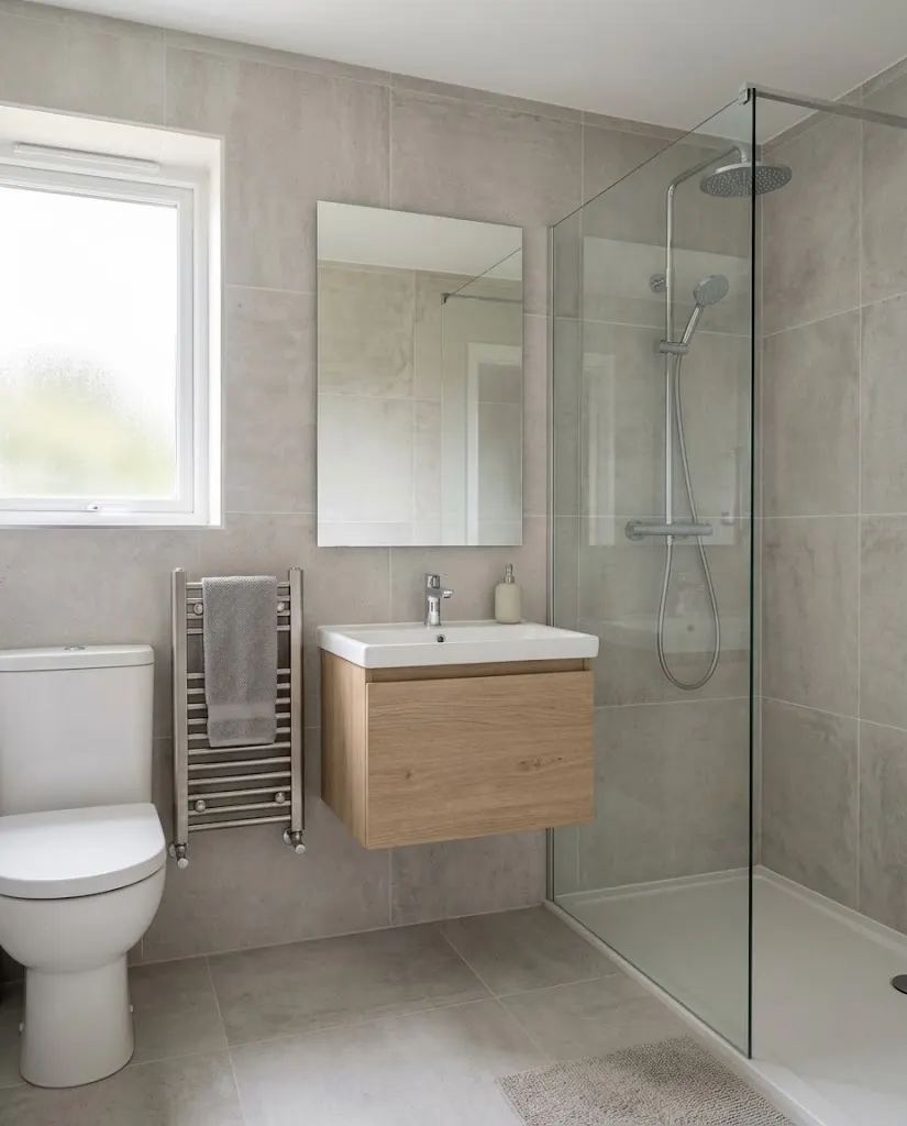 A finished bathroom with a walk-in shower, basin and heated towel rail.
