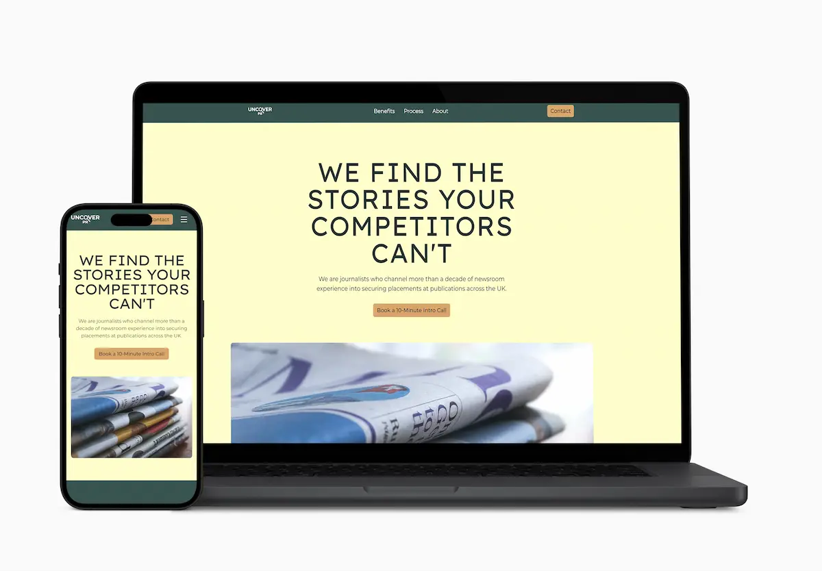 Uncover PR website shown on a laptop and phone, designed and built by My Trade Kit